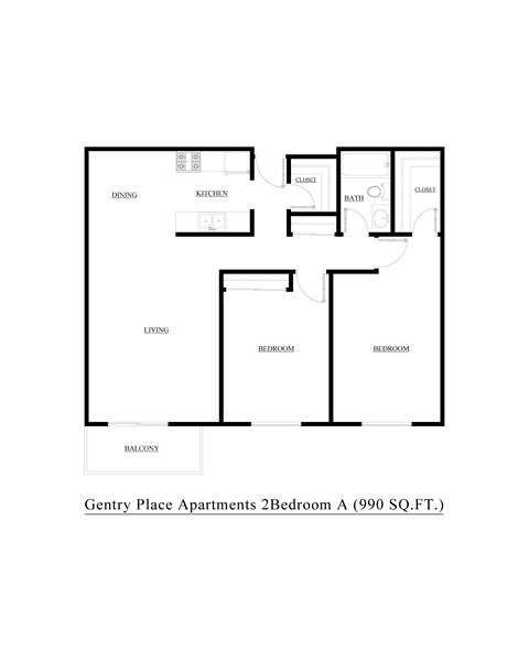 A floor plan of an apartment with two bedrooms, a living room, a kitchen, a dining room, and a balcony.